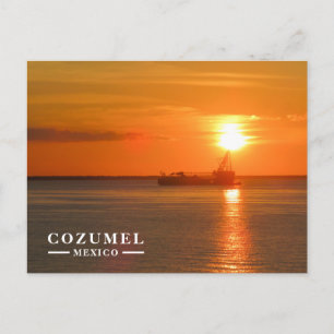 Gouden Zonsondergang Schip Silhouet Cozumel Feestdagenkaart