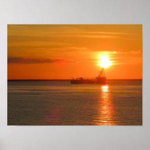 Gouden Zonsondergang Schip Silhouet Cozumel Poster