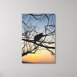 Gouden Zonsondergang Silhouet: Vogel op Boomtakken Canvas Afdruk