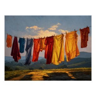 Gouden Zonsondergang Wasmachine Lijn Kunstwerk Perfect Poster
