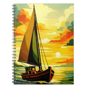 Gouden Zonsondergang Zeilboot Vintage Kunst Notitieboek