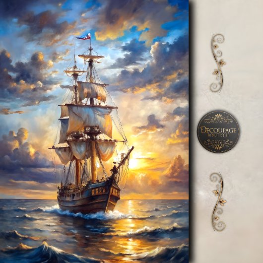 Gouden Zonsondergang Zeilschip Decoupage Tissuepapier