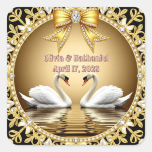 Gouden Zwaan Bruiloft Naam Decoratie 💍 Vierkante Sticker