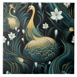 Gouden Zwaan Geïnspireerde Vogels en Witte Bloemen Tegeltje