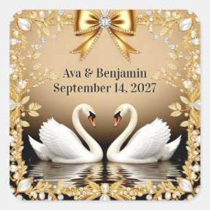 🦢 Gouden Zwaan Romantisch Gouden Trouwthema 💍 Vierkante Sticker