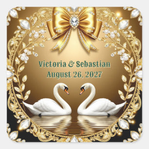 Gouden Zwanen Koppel Trouwdecor Thema 💍 Vierkante Sticker