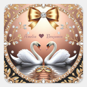 Gouden Zwanen Ringen Roze Goud Huwelijksthema Vierkante Sticker