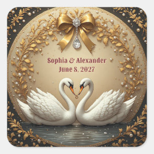 🦢 Gouden Zwanenbruiloft Met Romantische Band ✨ Vierkante Sticker