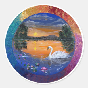 Gouden Zwanenzonsondergang - handgemaakt kunstwerk Ronde Sticker