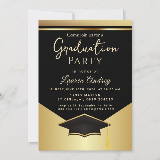 Gouden Zwart Afstudeerfeest Uitnodiging (Voorkant)