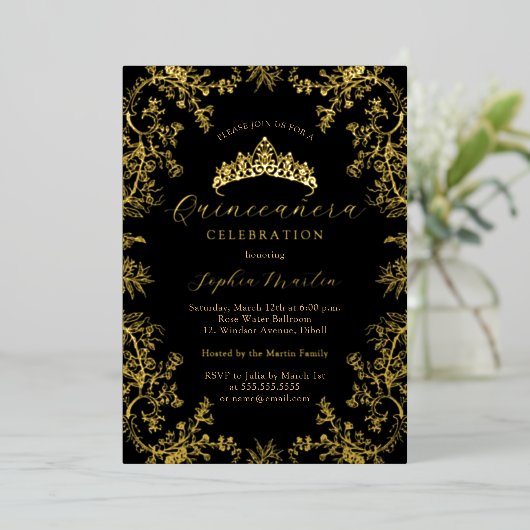 Gouden Zwart Elegante  Quinceanera Folie Uitnodiging (Staand Voorkant)