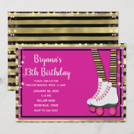 Gouden zwart en roze roller skate verjaardagsfeest kaart