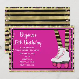 Gouden zwart en roze roller skate verjaardagsfeest kaart
