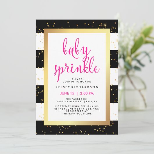 Gouden zwart en witte strepen Baby Sprinkle | Roze Kaart (Staand voorkant)
