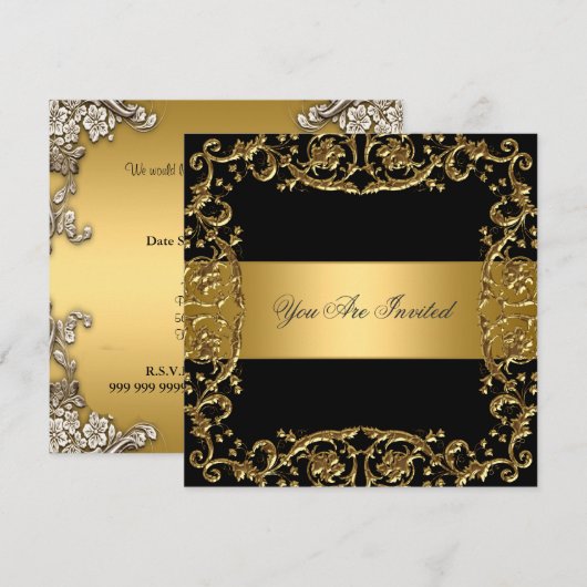 Gouden Zwart Feest Uitnodiging Bloem Frame (Voorkant / Achterkant)