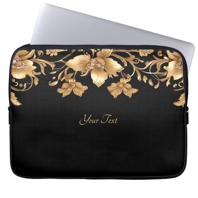 Gouden Zwart  Floral Laptop Mouw Sleeve (Voorkant)