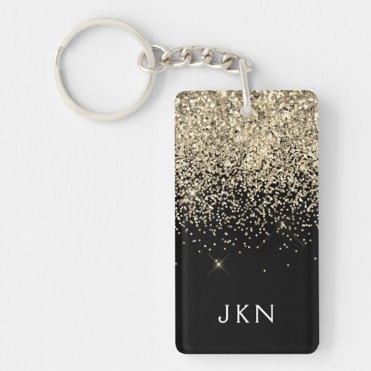 Gouden Zwart Glitter Meisjesachtige Monogram Initi Sleutelhanger (Voorkant)
