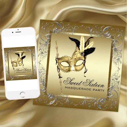 Gouden Zwart Maskerade Feest Kaart
