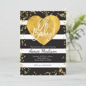 Gouden zwart wit gestreepte baby shower uitnodigin kaart (Staand voorkant)