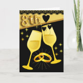 Gouden Zwarte 8e Jubilea Kaart met Rings Hearts (Voorkant)