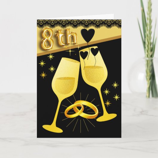 Gouden Zwarte 8e Jubilea Kaart met Rings Hearts (Voorkant)