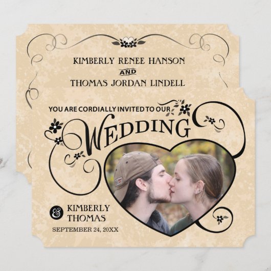 Gouden & Zwarte Aangepaste Foto Hart Trouwkaart Ui Kaart (Voorkant / Achterkant)