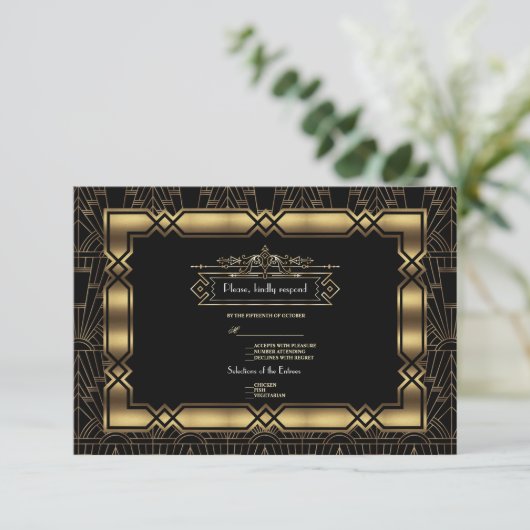 Gouden Zwarte Art Deco Gatsby 20s Stijl Trouwen RS RSVP Kaartje (Staand voorkant)