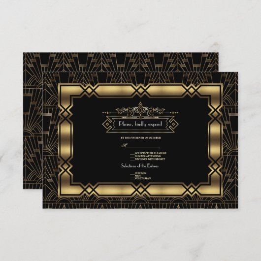 Gouden Zwarte Art Deco Gatsby 20s Stijl Trouwen RS RSVP Kaartje (Voorkant / Achterkant)