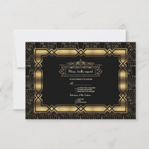 Gouden Zwarte Art Deco Gatsby 20s Stijl Trouwen RS RSVP Kaartje