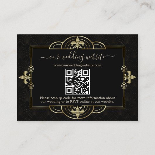 Gouden Zwarte Art Deco QR Code Huwelijk  Informatiekaartje (Voorkant)