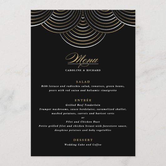 Gouden Zwarte Art Deco Slingerlichten Plat Menu (Voorkant)