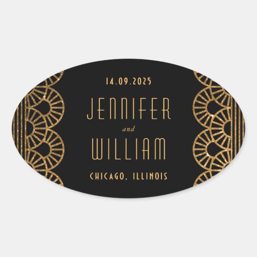 Gouden Zwarte Art Deco Stijl Trouwsticker Ovale Sticker (Voorkant)