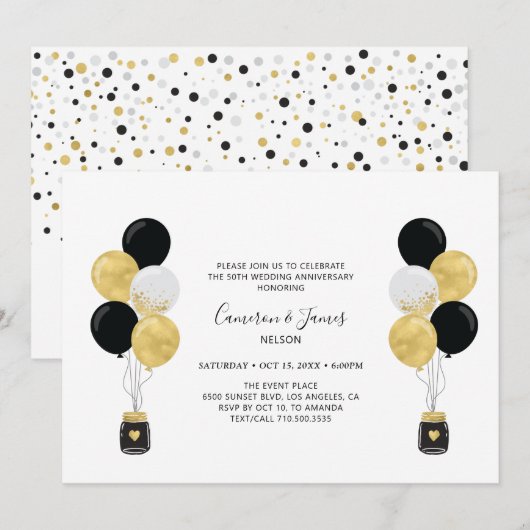 Gouden & Zwarte Ballonnen 50ste Huwelijksverjaarda Kaart (Voorkant / Achterkant)