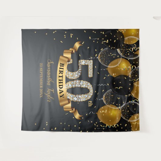 Gouden zwarte ballonnen diamant 50e verjaardagsfee wandkleed (Voorkant (horizontaal))