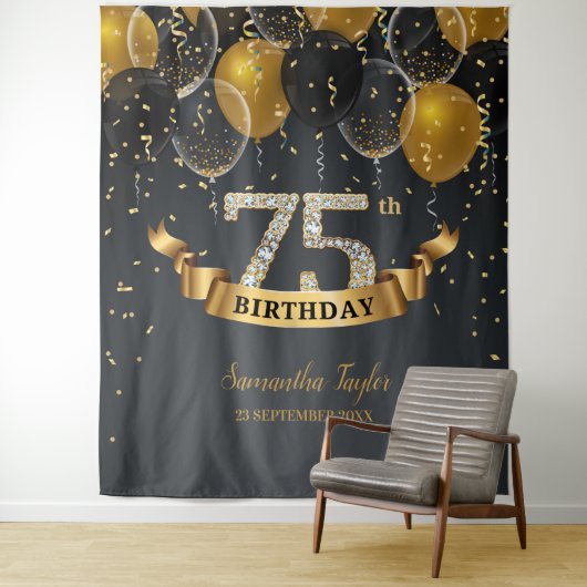 Gouden zwarte ballonnen diamant 75e verjaardag wandkleed (In situ)