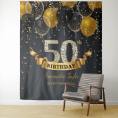 Gouden zwarte ballonnen diamanten 50ste verjaardag wandkleed (In situ)