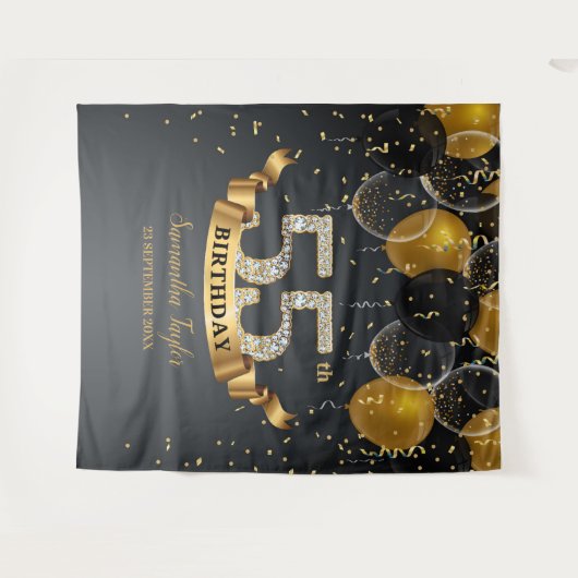 Gouden zwarte ballonnen diamanten 55ste verjaardag wandkleed (Voorkant (horizontaal))