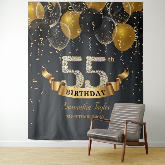 Gouden zwarte ballonnen diamanten 55ste verjaardag wandkleed (In situ)