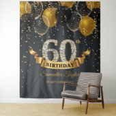 Gouden zwarte ballonnen diamanten 60e verjaardagsf wandkleed (In situ)