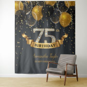 Gouden zwarte ballonnen diamanten 75ste verjaardag wandkleed (In situ)