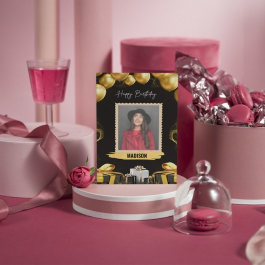 Gouden & Zwarte Ballonnen en Cadeaus Kaart