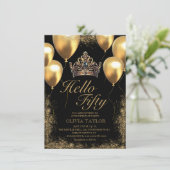 Gouden zwarte ballonnen kroon 50e verjaardag kaart (Staand voorkant)