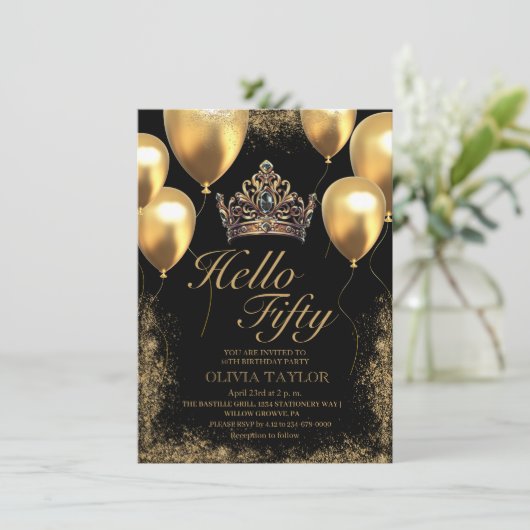 Gouden zwarte ballonnen kroon 50e verjaardag kaart (Staand voorkant)