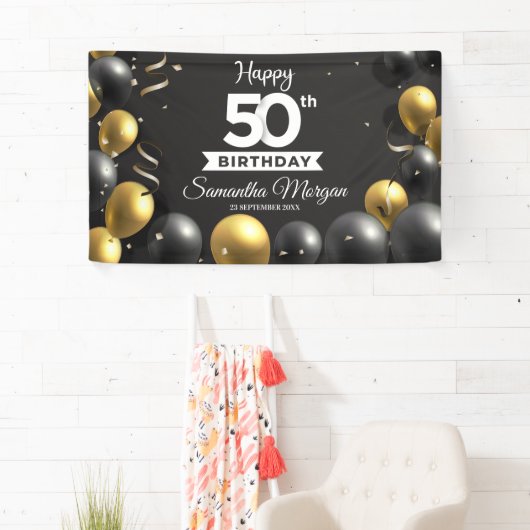 Gouden zwarte ballonnen modern elke leeftijd verja spandoek (Insitu)