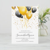 Gouden & Zwarte Ballonnen Ster Confetti Verjaardag Kaart (Staand voorkant)