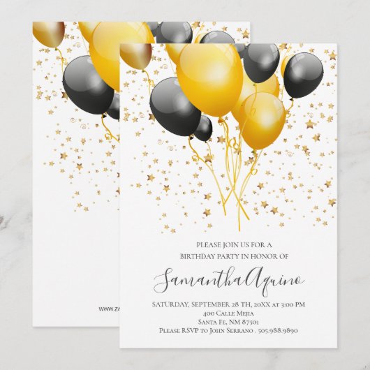 Gouden & Zwarte Ballonnen Ster Confetti Verjaardag Kaart (Voorkant / Achterkant)