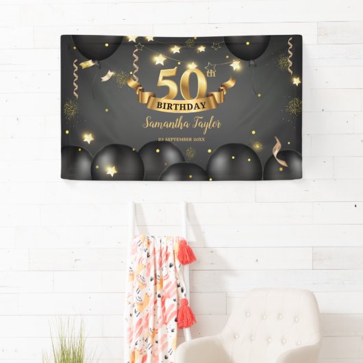 Gouden zwarte ballonnen sterren elegant verjaardag spandoek (Insitu)
