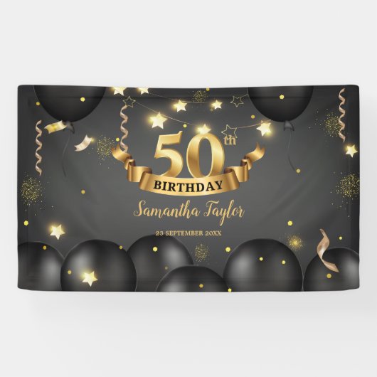 Gouden zwarte ballonnen sterren elegant verjaardag spandoek (Horizontaal)