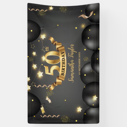 Gouden zwarte ballonnen sterren elegant verjaardag spandoek (Verticaal)