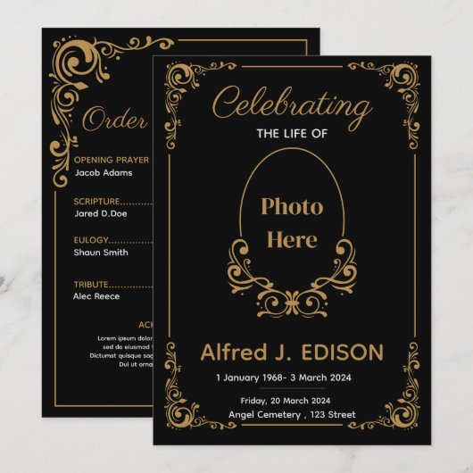 Gouden Zwarte Begrafenisprogramma, Begrafenismonum Kaart (Voorkant / Achterkant)